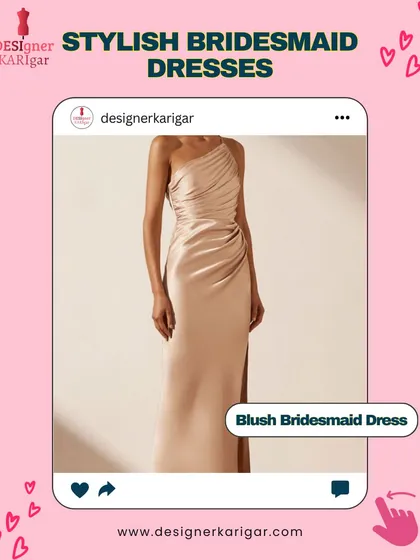 For a modern and chic wedding, consider this blush-colored, one-shoulder satin bridesmaid dress. The elegant draping and sophisticated silhouette can be customized by our designers to create a stunning look for your bridesmaids.