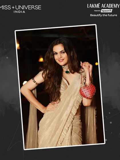 This glamorous gold saree look, complete with a statement necklace and flawless makeup, is another example of the professional-level work my students delivered backstage.