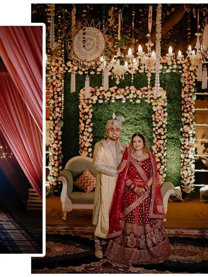 A creative collage showing the wedding decor and a classic portrait of the couple. It highlights the beautiful ambiance of the venue and the elegance of the bride and groom.