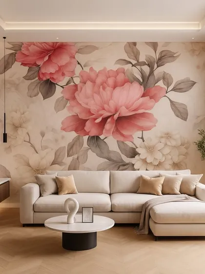 This living room features a soft and romantic floral mural with large pink peonies. The design's painterly style adds an artistic and elegant touch to the space.