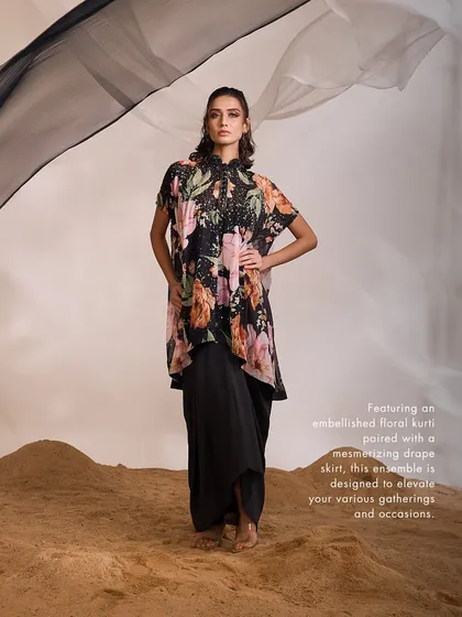 The LIANA Kurti Set, featuring an embellished floral kurti paired with a mesmerizing drape skirt, designed to elevate your gatherings.