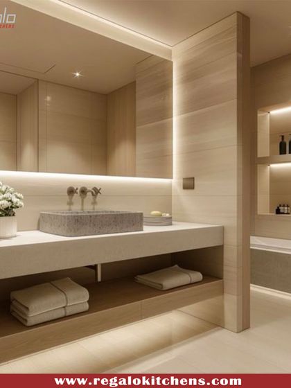 A serene and minimalist vanity design. The light wood finish and simple, clean lines create a calming atmosphere, complemented by soft, integrated backlighting.