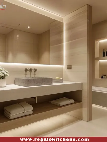 A serene and minimalist vanity design. The light wood finish and simple, clean lines create a calming atmosphere, complemented by soft, integrated backlighting.