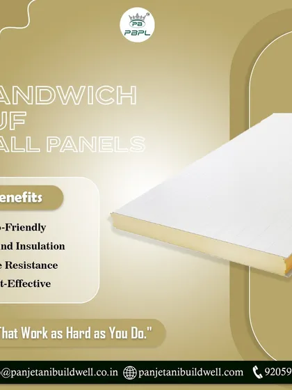 A single, clean PUF wall panel with its benefits listed. Our walls are designed to work as hard as you do, offering eco-friendly, sound-insulating, fire-resistant, and cost-effective properties.