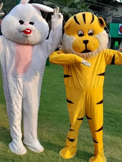 A fun duo of our rabbit and tiger mascots striking a pose. You can hire multiple characters to create a lively atmosphere at your event.