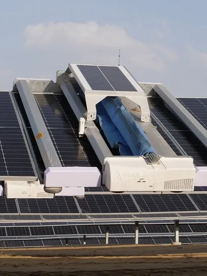 We leverage advanced technology like this autonomous, water-free robotic cleaning system to maximize the efficiency and output of our solar assets. This focus on AI-driven operations and maintenance ensures optimal performance and longevity for our clients' renewable energy projects, saving millions of liters of water annually.