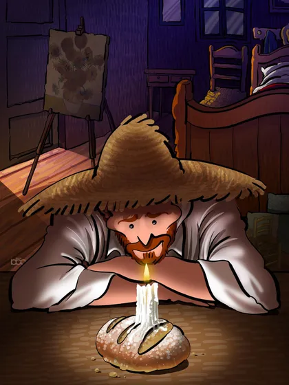 A humble birthday celebration. In his simple room, Vincent finds joy and light not in a cake, but in a single candle placed in a loaf of bread. It’s a testament to finding beauty and hope in the most basic necessities of life.