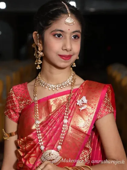 I dolled up this young beauty for her puberty ceremony, a very special milestone. I created an age-appropriate traditional look with bright eyes, a classic red lip, and coordinated jewelry to make her feel like a princess.