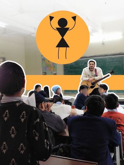 An instructor uses his guitar to teach a song about waste management. The graphic overlay emphasizes our goal of using music to teach important civic values.