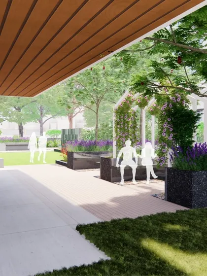 A render of a quiet seating nook under a pergola, surrounded by flowering creepers and lavender beds. This is an example of the "pause places" we design for quiet contemplation.