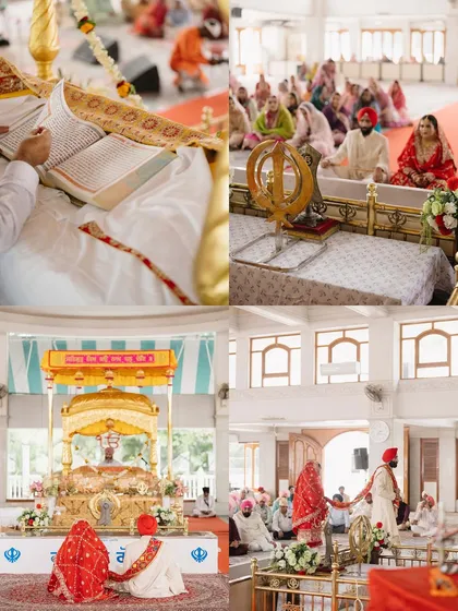 A collage showcasing different moments from an Anand Karaj ceremony. It highlights the key rituals, the sacred setting, and the couple's journey through the vows.