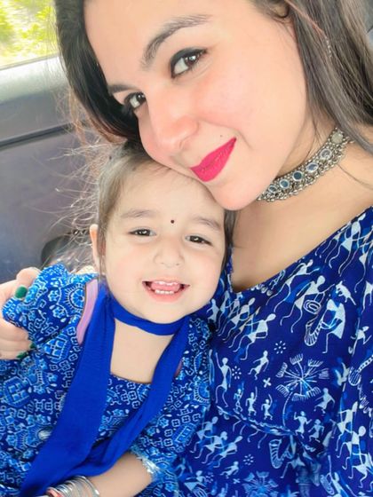 Twinning with my best friend, my daughter. There is no love purer than this. We are both wearing matching blue Bandhani print outfits.