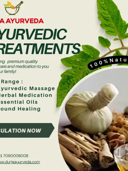 We provide a wide range of 100% natural Ayurvedic treatments. This visual showcases our core offerings, including therapeutic massage, herbal medication, essential oils, and sound healing to provide premium quality healthcare.