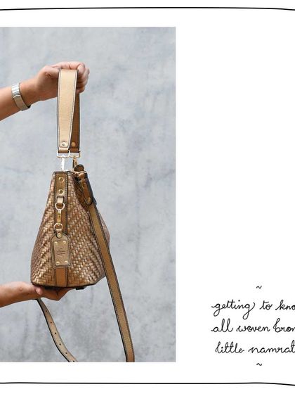 A side view of the All Woven Bronze Little Namrata, highlighting the detachable and adjustable straps.