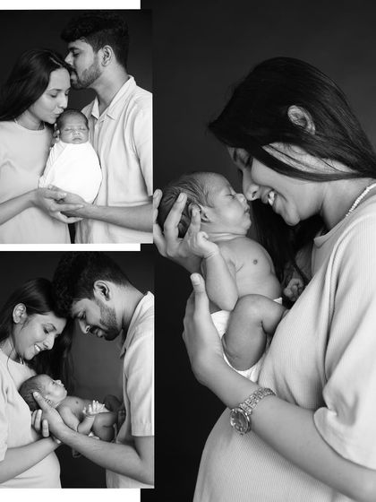A beautiful collage of black and white newborn photos. It showcases different angles and moments, from the mother's joyful smile to the couple's tender embrace around their new baby.