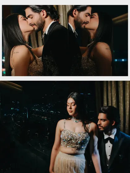A collage of intimate moments against a glittering city skyline. These shots from a glamorous engagement party capture both a tender kiss and a quiet, shared glance, showcasing the couple's connection in a sophisticated urban setting.