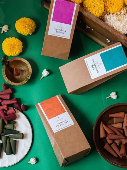 Our latest launch of chemical-free incense cones is perfect for the festive season. This image displays our three signature dhoop cone scents: Lavender & Vetiver, Sandalwood & Mint, and Amber & Cinnamon.