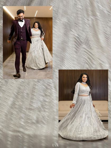 The couple makes their entrance, and the bride shines in her solo portrait, capturing the glamour of the reception.