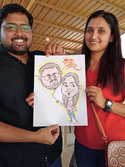 This couple's caricature features them as floating balloons, a whimsical touch for a fun-loving pair.