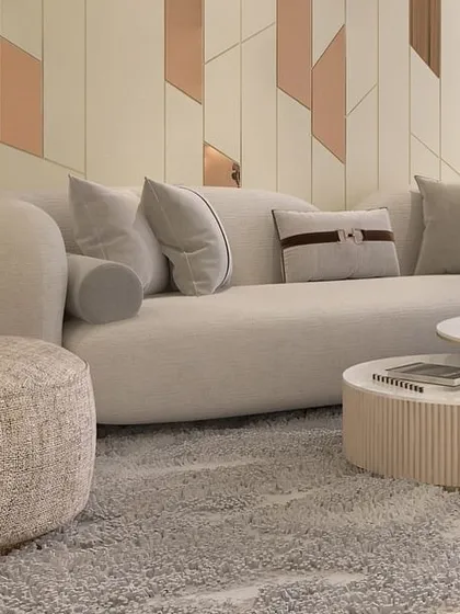We customized this curved furniture for a home in Dwarka, New Delhi. The use of organic-feel fabrics and soft, rounded shapes brings a sense of quiet luxury and comfort to the living space.