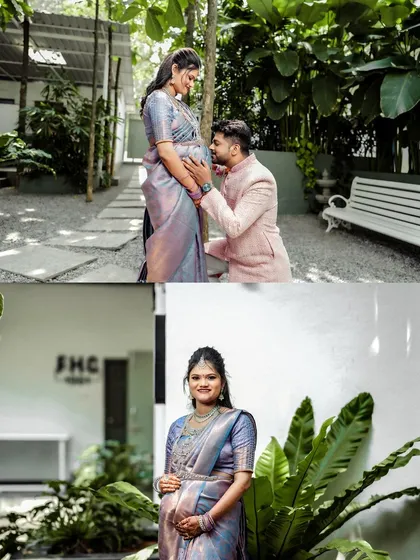 A collage of maternity photos taken around the venue. The couple is seen posing near our cottages and amidst the greenery, capturing this special time in their lives.