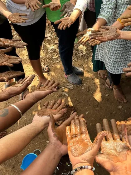 A memorable moment from my permaculture course, getting our hands dirty making Jeevamrutham, a natural soil conditioner. This hands-on experience is what gardening is all about: connecting directly with the earth.