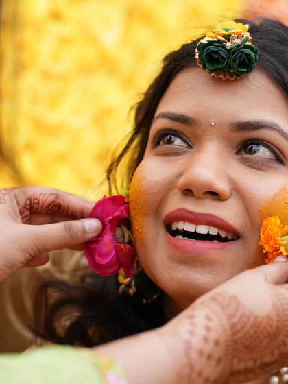 A close-up candid shot from my haldi. The genuine smiles and laughter are what it's all about.