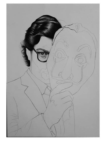 The 96-hour process of drawing El Professor. These images show the careful work of capturing his likeness and the iconic Dali mask.