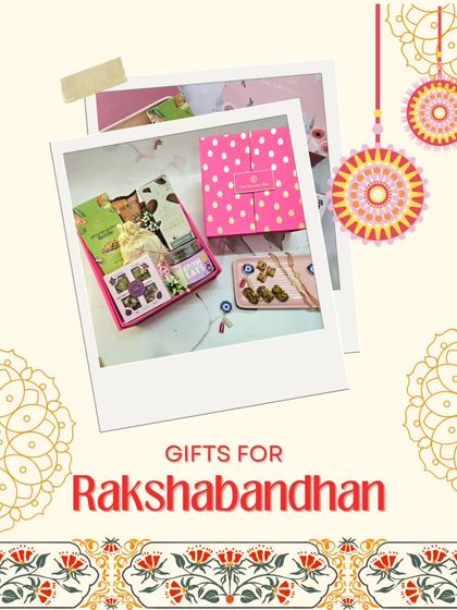 A fun, collage-style image showcasing my Rakshabandhan gifts. It highlights the festive and celebratory nature of the collection, with a focus on the beautifully curated hampers.