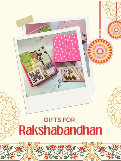 A fun, collage-style image showcasing my Rakshabandhan gifts. It highlights the festive and celebratory nature of the collection, with a focus on the beautifully curated hampers.