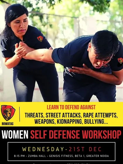 A poster for one of our free women's self-defense workshops, covering threats from holds and chokes to rape attempts.