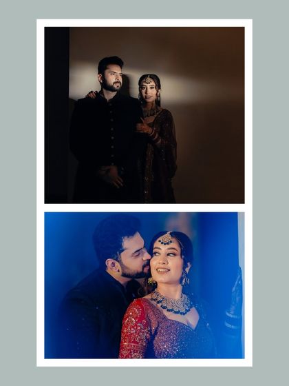 A collection of intimate moments between Vasu and Shilpi. From a classic, moody portrait to a gentle kiss under a soft blue light, these images showcase the couple's deep connection.