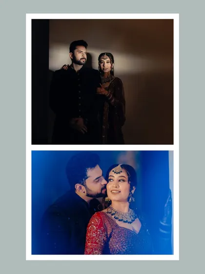 A collage capturing two distinct moods of Vasu and Shilpi's reception: a classic, posed portrait and a candid moment of the groom kissing the bride's cheek, showcasing our range in couple photography.