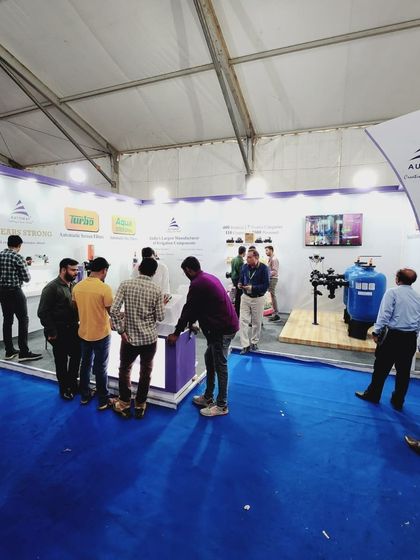 A wide view of our stall at the Kisaan Agri Show, designed with a clean layout to allow visitors to easily browse our range of irrigation solutions.