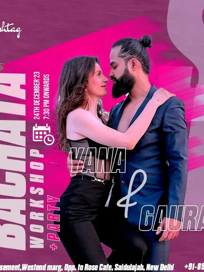 We host special workshops and parties for events like Christmas and Valentine's Day. This poster is from our Christmas Eve Bachata special, combining a workshop with a social gathering.