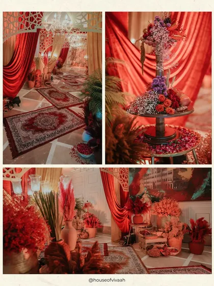 A collage of a "Jashn-e-Sagai" with a rich, warm palette. Details include crimson drapes, Persian-style rugs, and tables adorned with pampas grass and colorful florals.