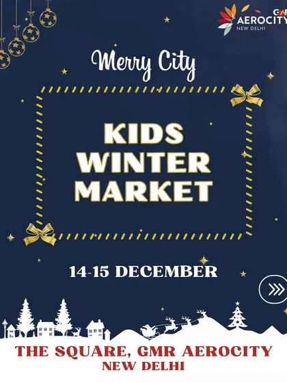 A slightly different design for the Kids Winter Market poster, showcasing a sleigh and reindeer, adding to the magical Christmas theme.