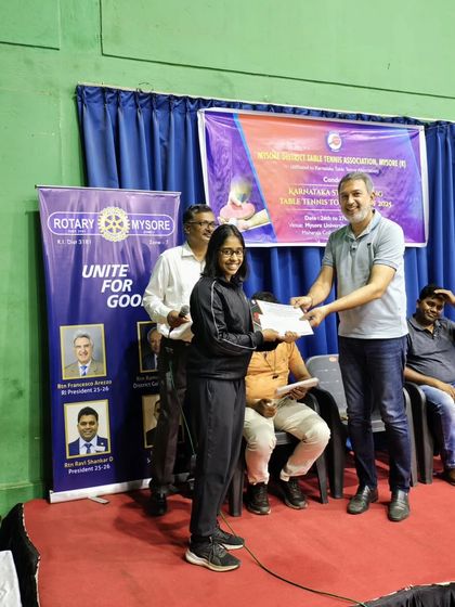 Kaira Baliga on the podium receiving her award for placing 3rd in the U17 Girls event at the 4th State Ranking Tournament in Mysore.