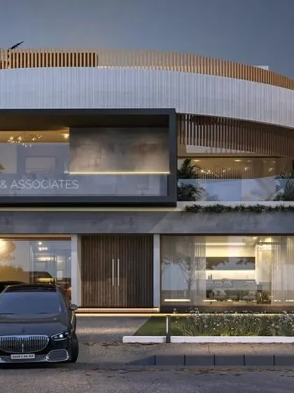 A 3D render of a complex, multi-layered facade design, proving that even the most complicated ideas can be simplified into elegant architecture.