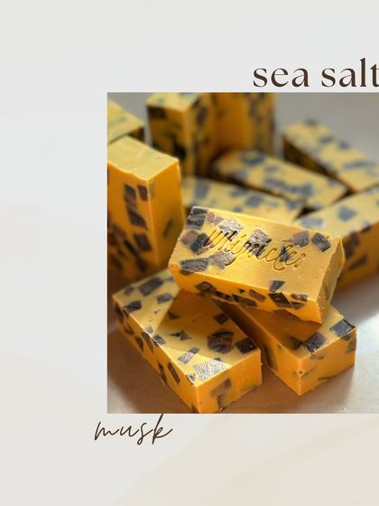 A custom Sea Salt and Musk soap with distinctive dark chunks. This bar is a great example of how we can create unique textures and designs for a truly one-of-a-kind product.