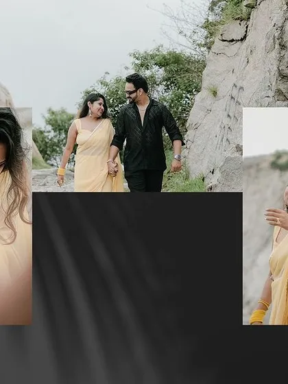 An artistic collage that plays with frames and layers. It gives a glimpse into the candid, in-between moments of the shoot, capturing their laughter and natural interactions.