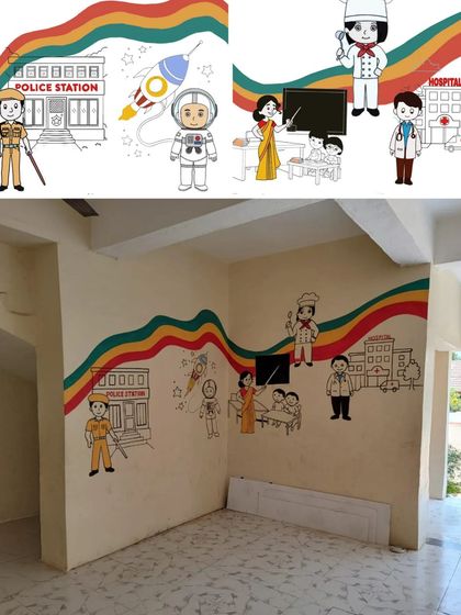 A mural showing different community helpers like a police officer, teacher, and doctor, to teach children about various professions.