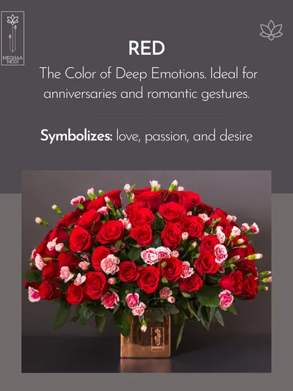 Red is the color of deep emotions. This lush red rose arrangement symbolizes love and passion, perfect for anniversaries and romantic gestures.