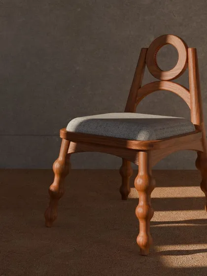 A series of images detailing the Manjadi chair, from its hand-turned legs inspired by the seed pod to the vibrant red upholstery. These shots highlight the craftsmanship and the deep cultural narrative behind this unique design.
