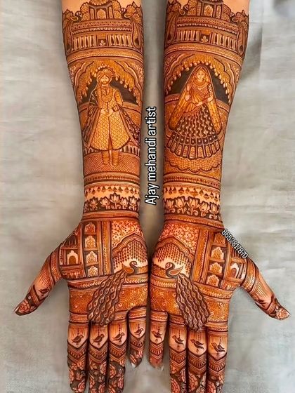 A regal depiction of a bride and groom in traditional wedding attire. The intricate details in their clothing and the architectural frames make this a standout portrait design.