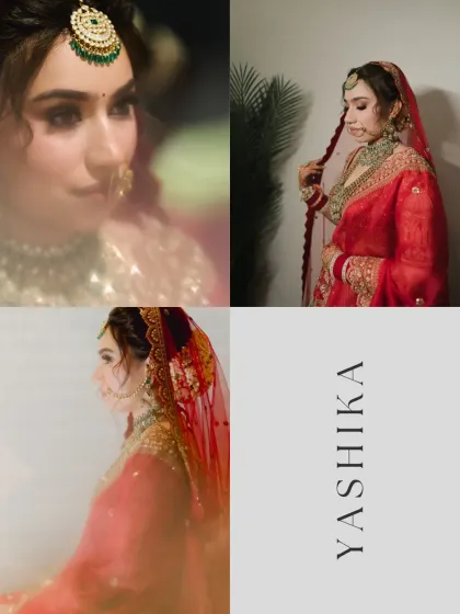 A collage of the bride's portraits, showcasing her beauty from different angles and her elegant, braided hairstyle.