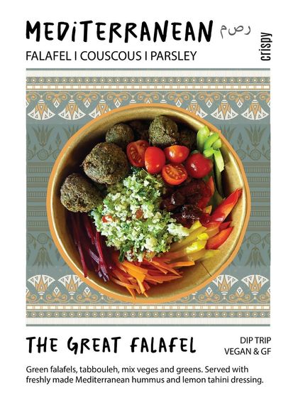 A taste of the Mediterranean. Our Great Falafel salad features crispy green falafels, fresh tabbouleh, and mixed vegetables, served with our creamy homemade hummus and a zesty lemon tahini dressing.