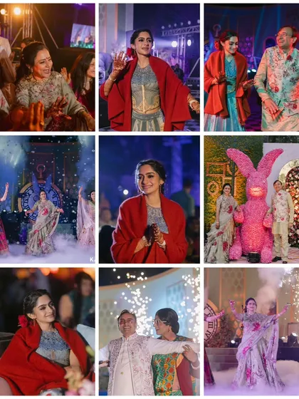 A collage showcasing the vibrant energy of the Mehndi night. It features guests dancing, the bride enjoying the moment, and fun thematic elements like the giant pink rabbit.