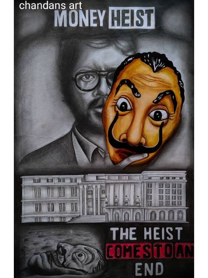 This artwork is a homage to the Money Heist series, combining a graphite drawing of the Royal Mint of Spain with a charcoal depiction of the Dali mask. It's an example of creating a thematic piece based on a favorite show.