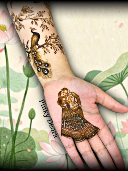 A creative edit showing a couple's portrait on the palm, with a peacock on the arm, set against a background of lotus flowers.